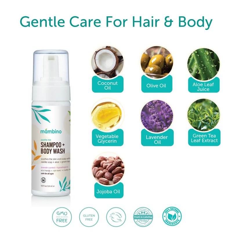 Mambino Organics Soothe Me Shampoo & Body Wash for Kids, Essential Baby Bath, Gentle Newborn Essentials, Lavender & Green Tea 5.5floz