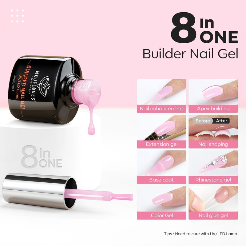 Modelones Base Coat Builder Nail Gel - 8-in-One Clear & Baby Pink Rubber Polish | 10ml Apex Strengthener