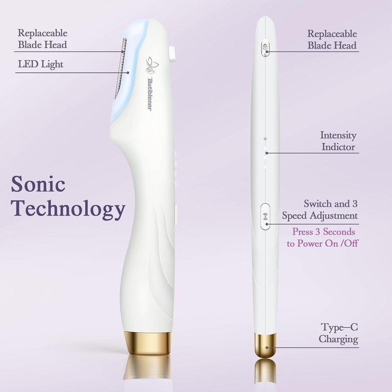Dermaplane-razor for Women Face,Sonic Dermaplane,Sonic Dermaplaning Tool,Face Shaver Facial Hair Removal & Peach Fuzz Romover + 12 Blades (White With Gold Accent)