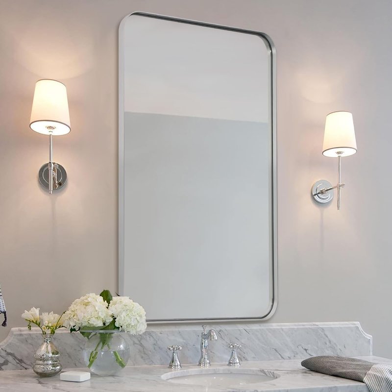 Brushed Nickel Bathroom Mirror - 24”x40” Modern Rounded Corner Design | Stylish Metal Frame
