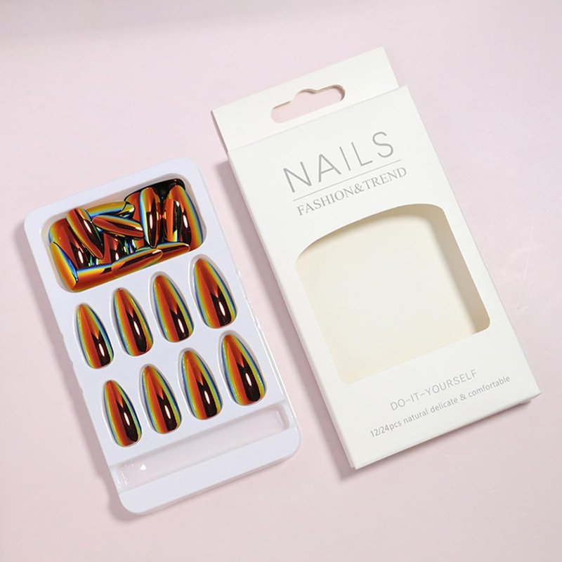 Skiennix 24Pcs Chrome Press-On Nails - Medium Almond Black Aurora Glossy Full Cover Nail Tips