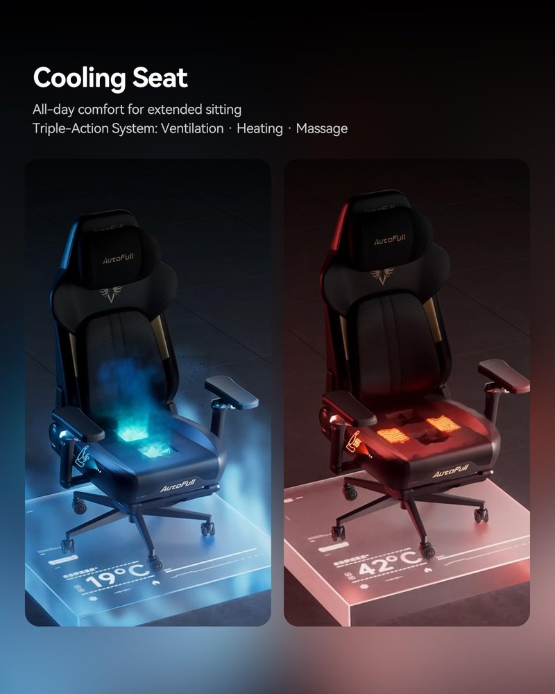 AutoFull M6 Ergonomic Gaming Chair – with 3rd-Gen Dynamic Lumbar Support, Lumbar & Leg Massage, Ventilated & Heated Seat, 360° Mechanical Armrests, Retractable Footrest (Black)