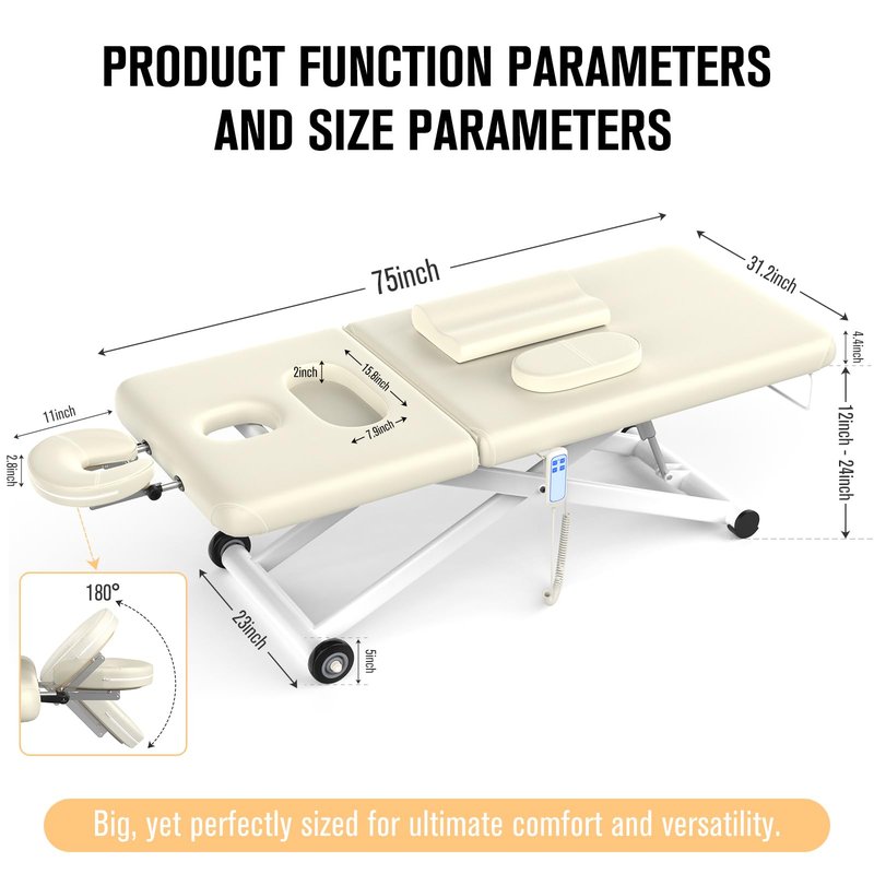Dolonm Electric Massage Table, Heavy Duty Electric Lift and Electric Backrest 2 Motor Adjustable for Treatment/Medical Spa/Facial Bed/Beauty Bed/Massage Beds and More - 31.2 Wide x 75 Long, White