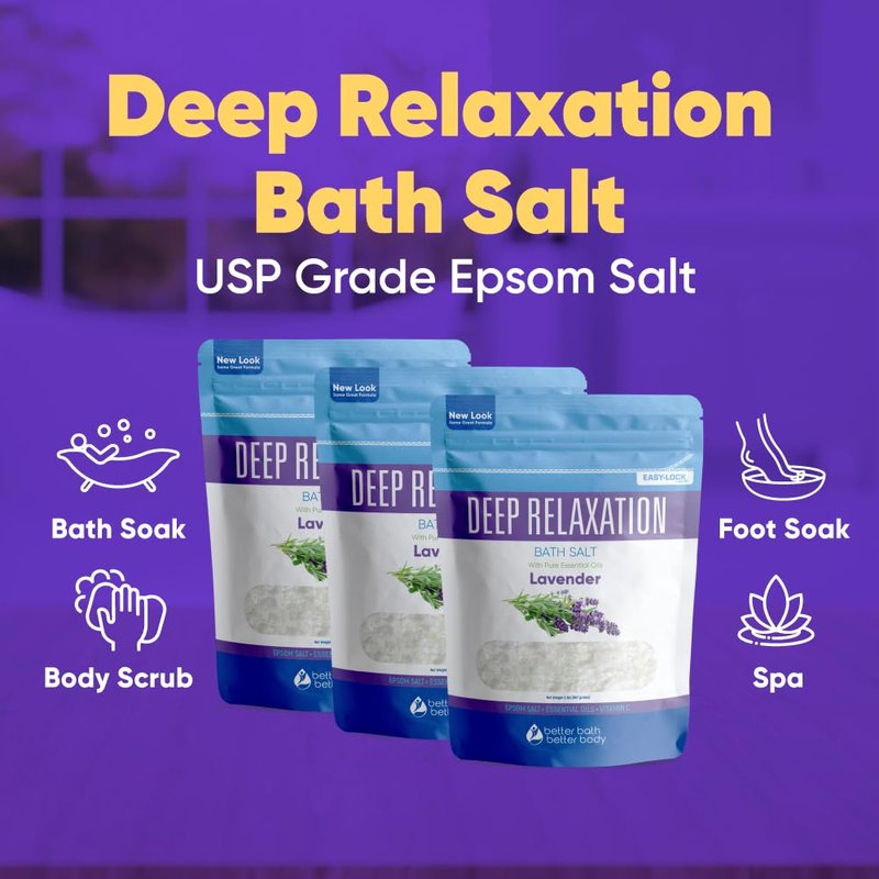Deep Relaxation Bath Salt (3 Pack Plus Scoop) Relaxing Bath Soak with Pure Lavender Essential Oil in BPA Free Pouch with Press Lock Seal Made in USA 3 Pack of 2 Lbs 6 Lbs Total