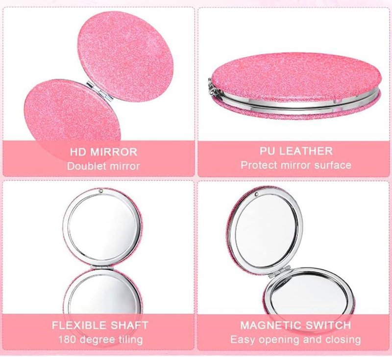 Compact Pink Makeup Mirror - Portable 2x Magnification with Glitter | Travel Essential for Women