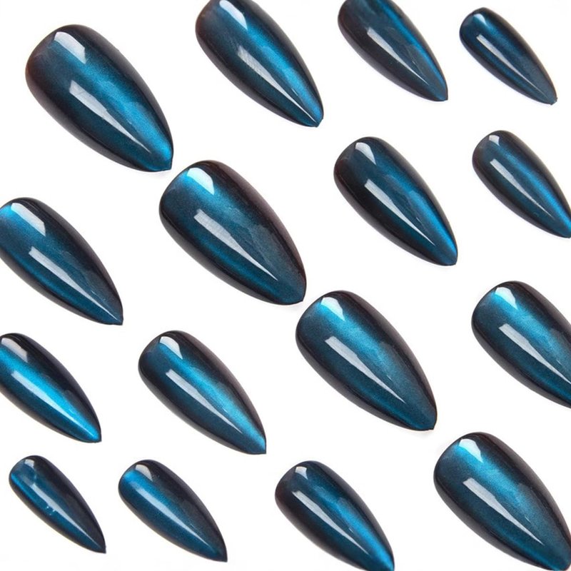Dark Blue Press on Nails Medium Almond Fake Nails Glossy Glitter False Nails with Designs Gradient Acrylic Artificial Nail Full Cover Reusable Stick on Nails for Women Girls 24Pcs