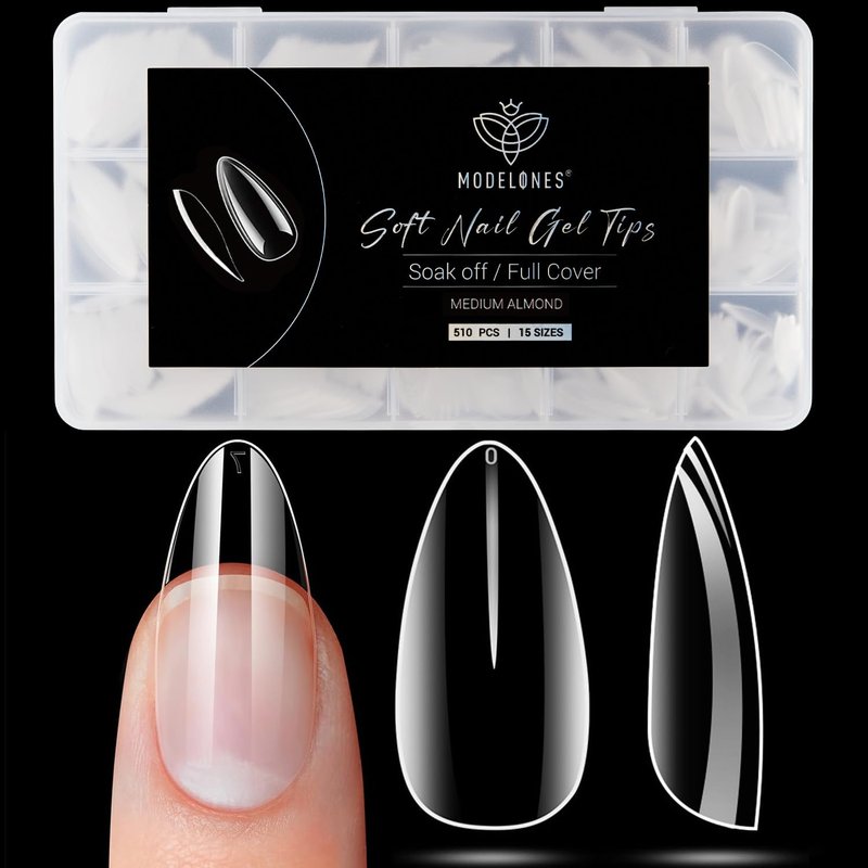 Modelones Medium Almond Nail Tips 510Pcs Clear False Acrylic Almond Press on Nails Pre-shape Full Cover Fake Extension DIY at Home 15 Sizes