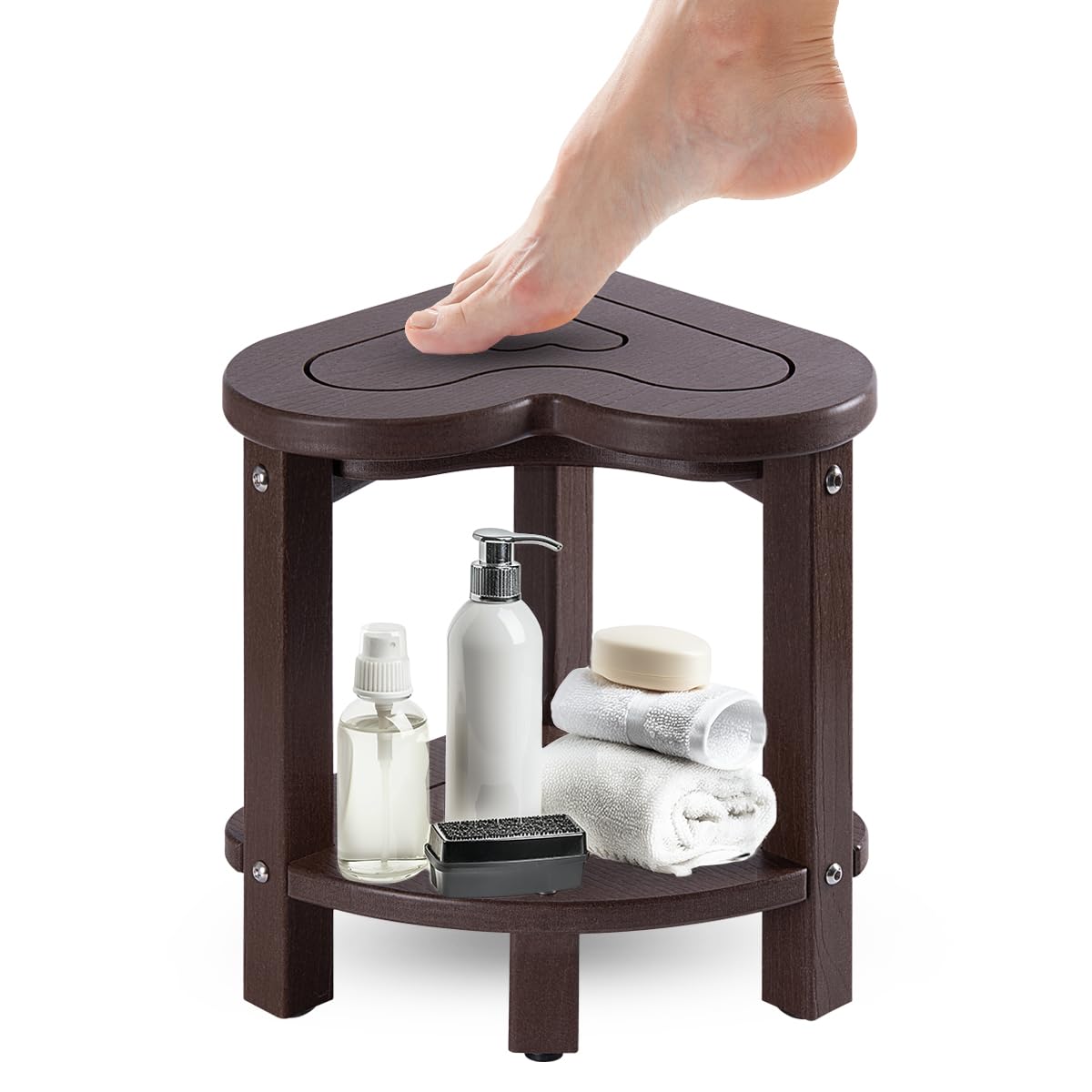 UHA Corner Shower Stool for Inside Shower - Waterproof Corner Shower Bench, HDPE Plastic Bathroom Bench, Adjustable Height Corner Chair for Shaving Legs,Storage Shelf,Non-Slip Feet， Coffee