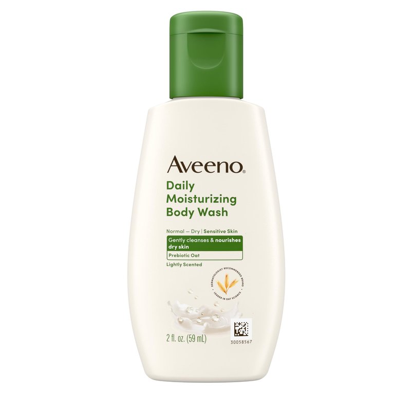 Aveeno Daily Moisturizing Body Wash for Dry & Sensitive Skin + Prebiotic Oat, Shower Body Wash Gently Cleanses & Nourishes Dry Skin, Lightly Scented, Travel-Sized, 2 fl. oz