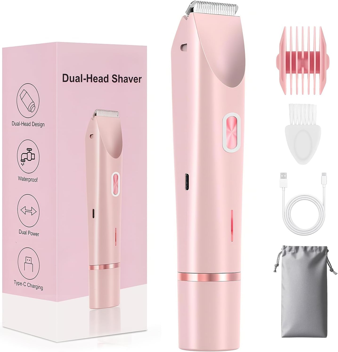 Bikini Trimmer for Women, 2-in-1 Dual Head Shaver Women, IPX7 Waterproof Gentle Electric Razors for Sensitive Areas, Cordless Hair Removal for Shower & Travel, Holiday Gift (Pink)