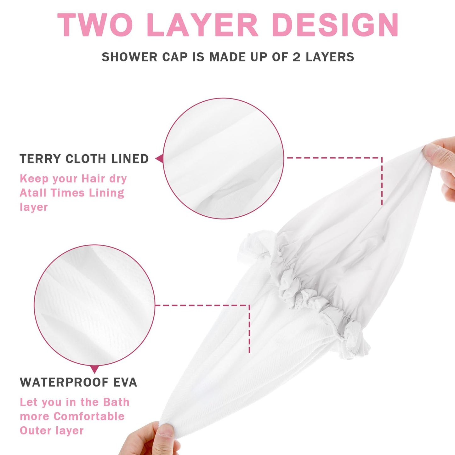 JIYIN Reusable Shower Caps for Women, Terry Cloth Lined Shower Cap Double Layer Reusable Bath Cap Waterproof Elastic Band Hair Cap for All Hair Lengths for Women Spa Home Salon Use(White)