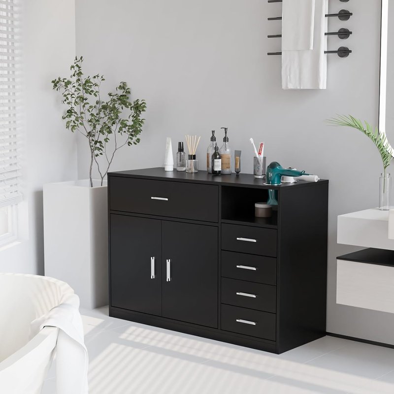 OmySalon Free Standing Salon Station - Barber Styling Cabinet with 5 Drawers & 3 Dryer Holders | Black