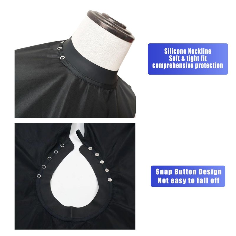 Silicone Neckline Salon Barber Cape, Black, Extra Large, Waterproof Polyester Hair Cutting Cape, Snap Button Collar (Black)