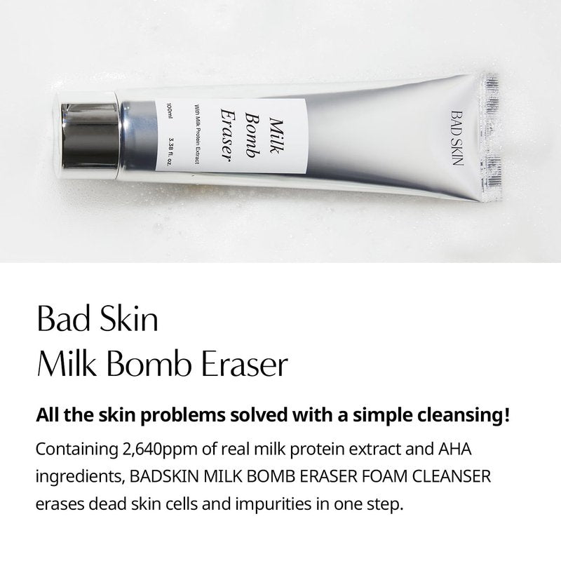 BadSkin Milk Bomb Eraser 100ml - Gentle Daily Cleansing Foam with Milk Protein & AHA/BHA | Hydrating Pore Cleanser