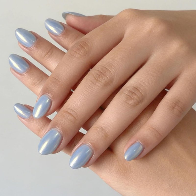 Skiennix Light Blue Press-On Nails - Short Oval Chrome Design | Reusable Full Cover 32 Pcs