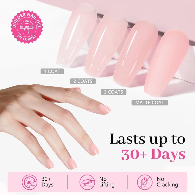 QIEK Gel Nail Polish Builder, 8-in-One Builder Pink Nail Polish Strengthener Glue Apex Enhancement Extension Hard Building Nude Gel LED Lamp Cured Rubber Base Coat for DIY Beginner & Salon Manicure