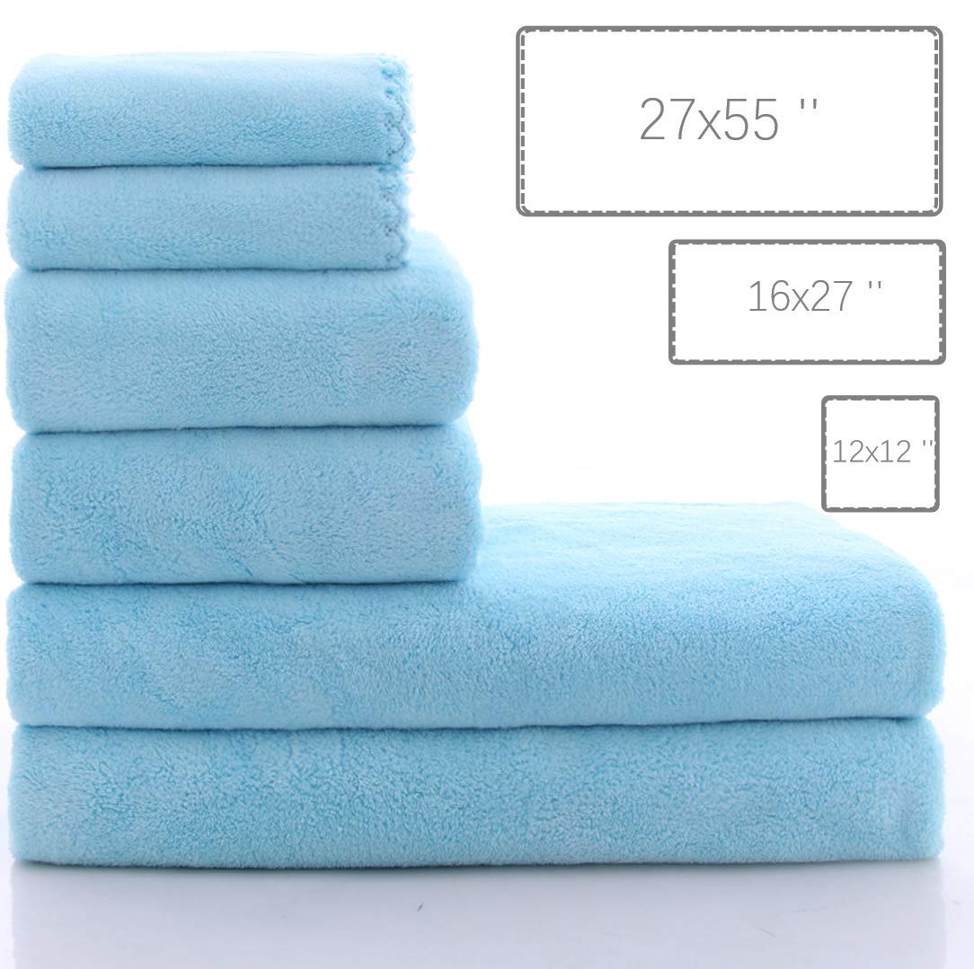 MOONQUEEN Ultra Soft Towel Set - Quick Drying - 2 Bath Towels 2 Hand Towels 2 Washcloths - Microfiber Coral Velvet Highly Absorbent Towel for Bath Fitness, Sports, Yoga, Travel (Aquamarine 6 Pieces)