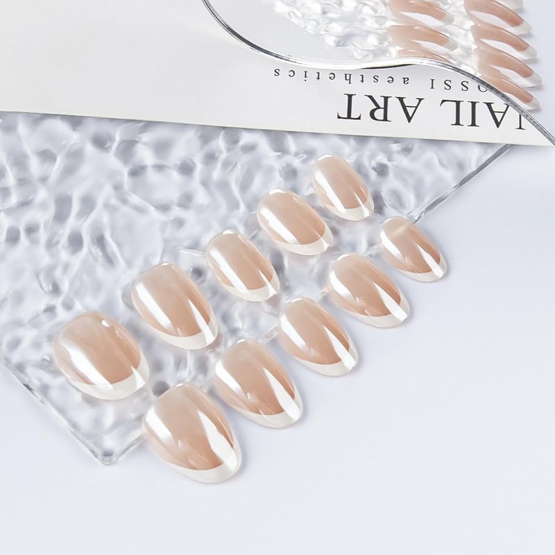 Glossy White French Tip Press-On Nails - Short Almond Shape | 32 Pcs Full Cover Chrome Stick-On for Women