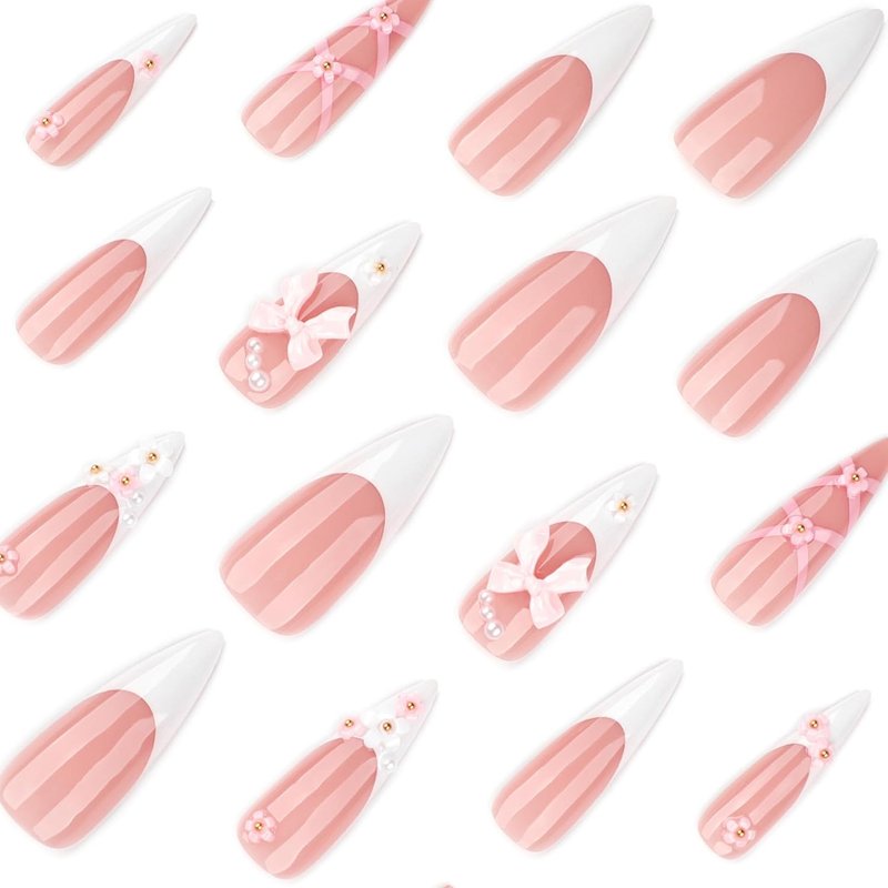 Long Almond Press-On Nails - Pink French Tip with 3D Bow Flower Designs | 24 Pcs Stiletto Artificial Nails for Women