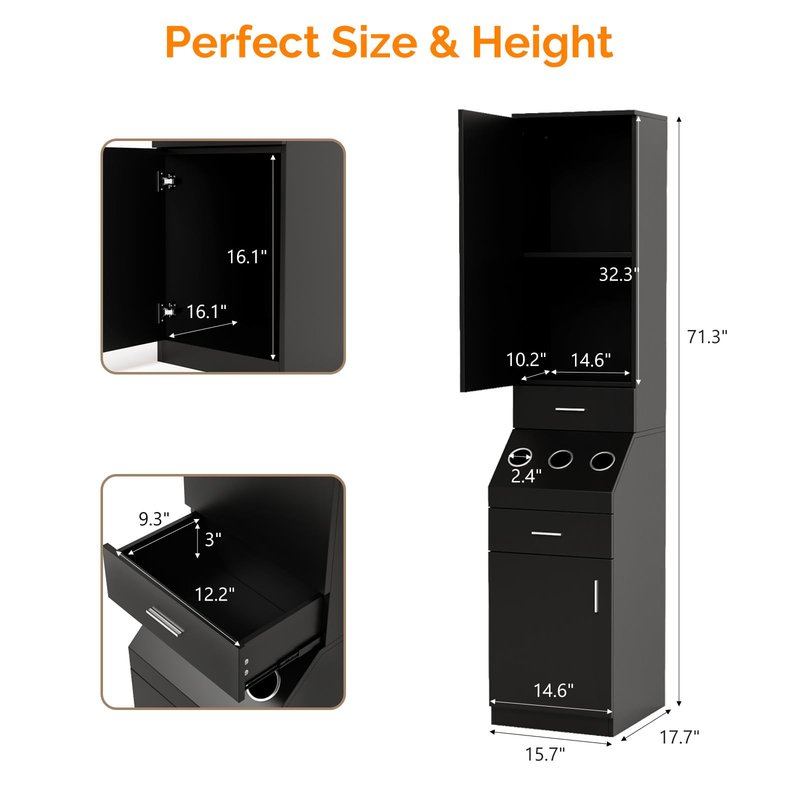 OmySalon Salon Station, Barber Stations with 2-Tier Storage Shelf with Door, Hair Styling Storage Cabinet with 2 Drawer, a Large Storage Cabinet & 3 Hot Tool Holders, Black