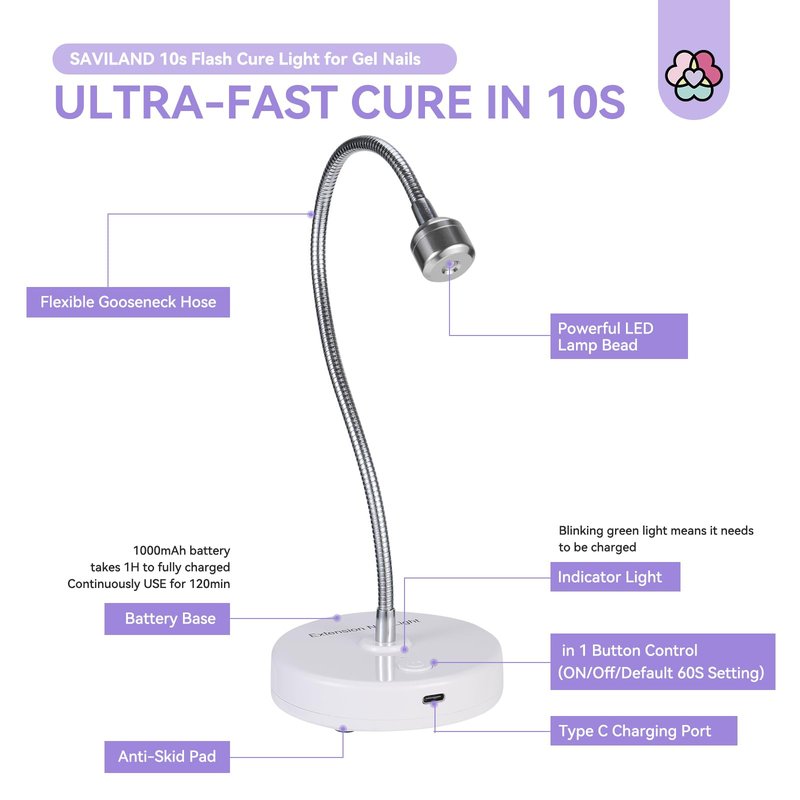 SAVILAND Gooseneck UV Light for Gel Nails: Touch Switch 12W U VNail Lamp 5S Quick Drying LED Flash Cure Lamp Rechargeable Gel Flash Cure Light 3 Timers Setting 360° Adjustable Home Salon Manicure