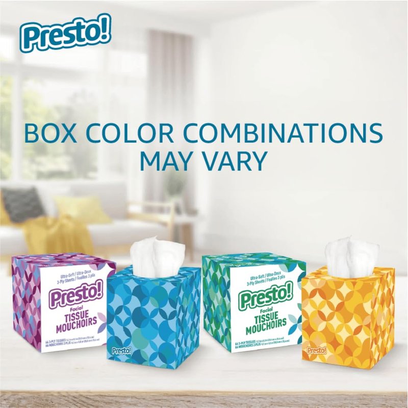 Amazon Brand - Presto! Ultra-Soft 3-Ply Premium Facial Tissues, 264 Count (4 Cube Boxes of 66), Packaging May Vary