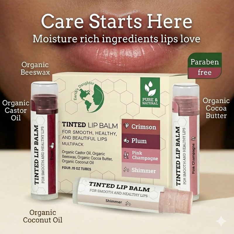 Earth's Daughter Tinted Lip Balm 4 Pack of Assorted Colors - Beeswax, Coconut Oil, Cocoa Butter, Vitamin E - Moisturize and Beautify - Paraben Free