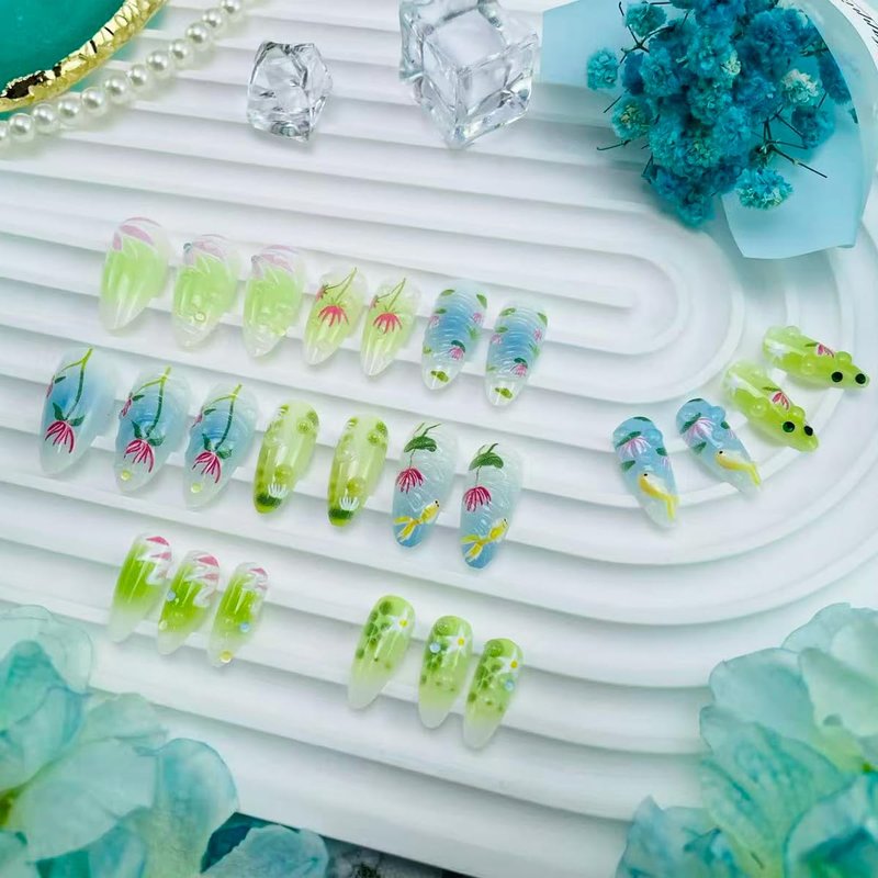 Handmade Almond Press on Nails - Koi Fish & Lotus Flower Design, Water Ripple Texture Blue Green Gradient Fake Nails with Rhinestones, Reusable Glossy False Nails for Women Spring Summer Nail 24Pcs