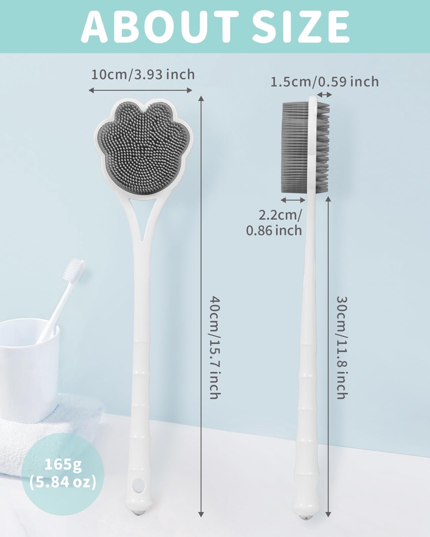 Manmihealth 15.7" Cute Silicone Back Scrubber with Long-Handle, Dual Use Back Brush for Shower with Super-Soft Silicone Bristles, Paw-Shaped Shower Body Scrubber for Sensitive Skin (Gray)