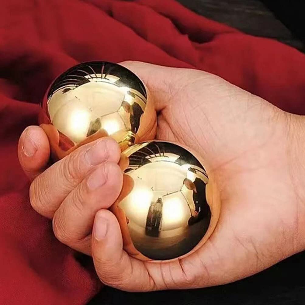 Healvian 2Pcs Brass Exercise Ball 1.5 Inch Golden Solid Copper Metal Baoding Balls for Hand Therapy Stress Relief, Chinese Kung Fu Massage Acupressure Tool