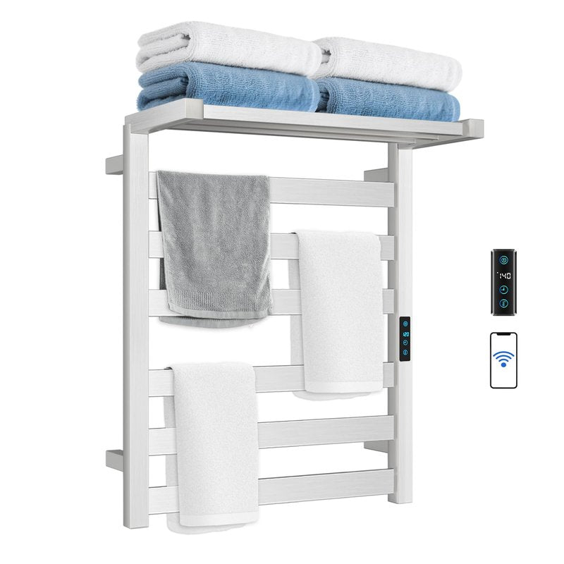 Aquatrend WiFi Heated Towel Rack Wall Mounted, Electric Towel Warmer with Foldable Bracket, Stainless Steel, LED Built-in Timer, Plug-in, Temperature & Timing Control, 6 Bars, Brushed Nickel