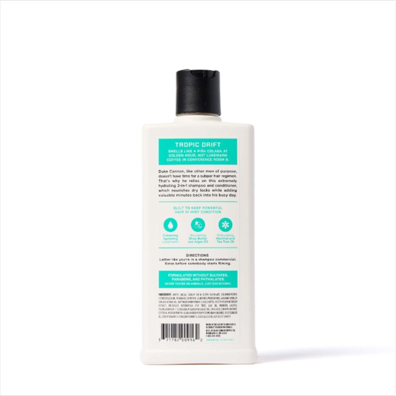 Duke Cannon Supply Co. 2-in-1 Shampoo and Conditioner for Men – Tropic Drift Scent, Coconut & Lime, Tea Tree & Menthol, Strengthening Formula with Barley Protein, 14 oz