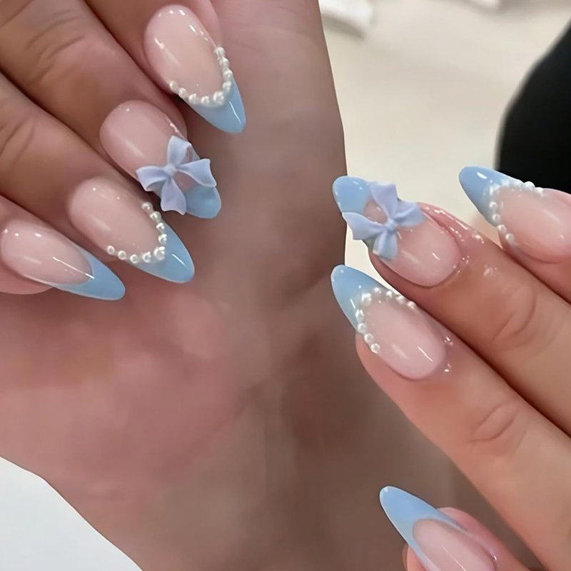 Blue French Tip Press-On Nails - 24Pcs Medium Almond Acrylic with Pearl Glossy 3D Bow Designs for DIY Manicure