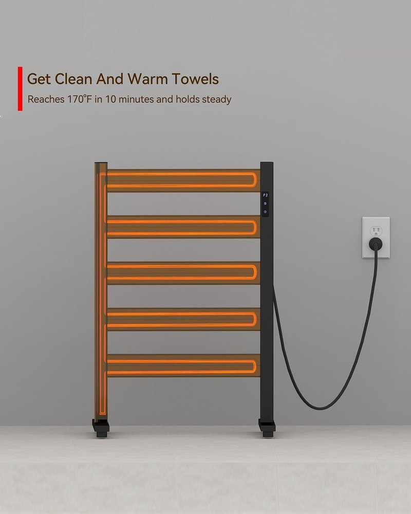 Freestanding Towel Warmer - 5-Bar Adjustable Temperature 110-170°F | Fast Heating, Timer & Auto Shut-Off, Matte Black