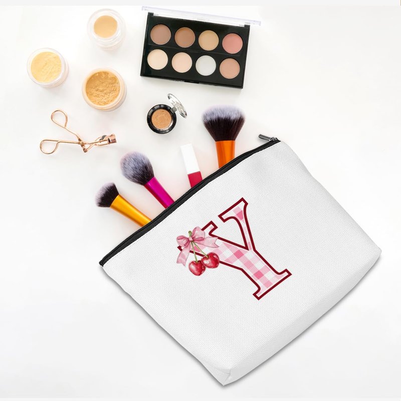 CQM Initial Makeup Bag Monogram Cosmetic Bag Monogrammed Gifts for Women Girls Friends Coworker Teacher Personalized Travel Toiletry Bag Christmas Bridal Shower Wedding Bridesmaid Gifts, Cherry Y