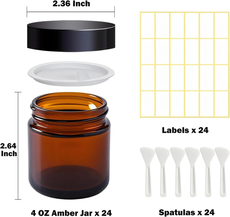 Amber Glass Jars - 4 oz Small Cosmetic Containers with Lids | 24 Pack for Creams & Scrubs