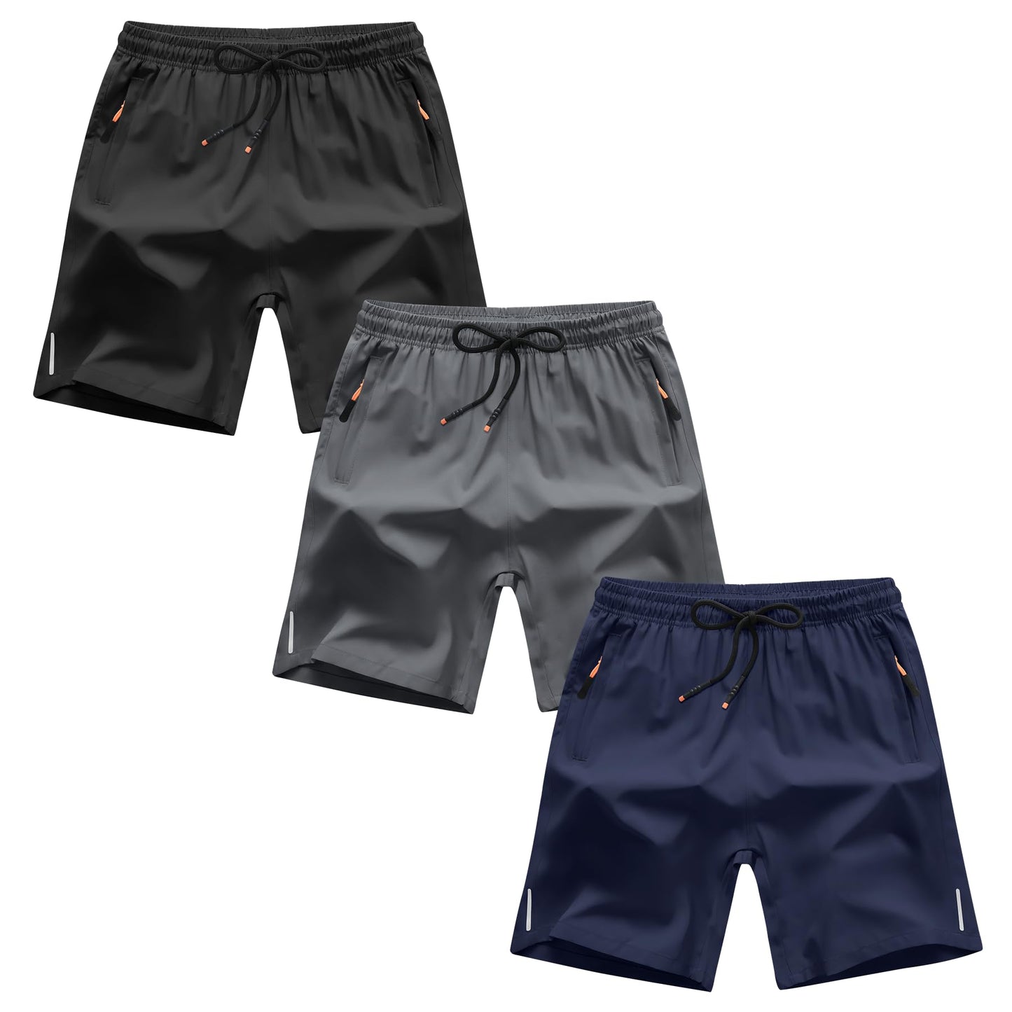 ANHDM Boys Athletic Shorts Quick Dry Sport Shorts Lightweight Running Shorts with Zipper Pockets (Pack of 3), Z/Black&Grey&Navy, 13-14T