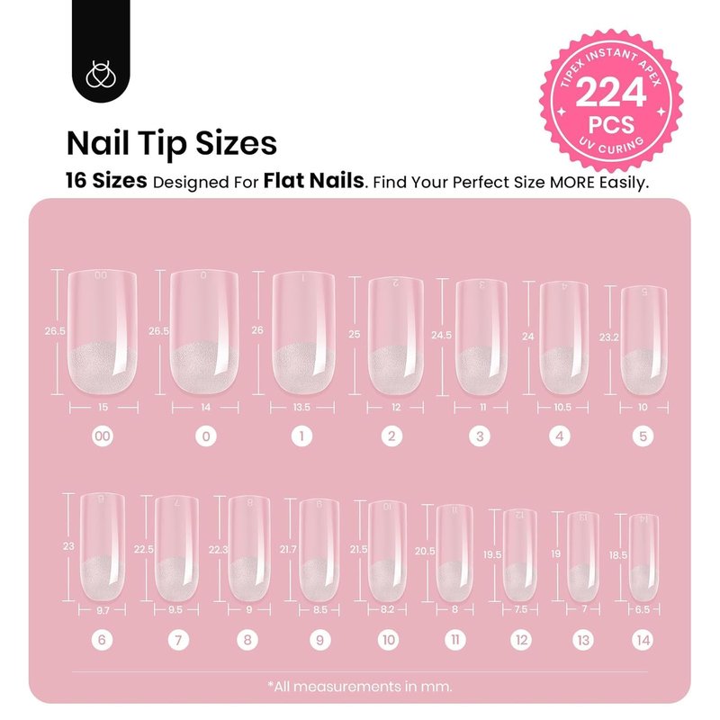 Beetles Tipex Nail Kit - 224 Pcs Square Medium Pre-Etched Fake Nails with Mini Nail Lamp & Glue