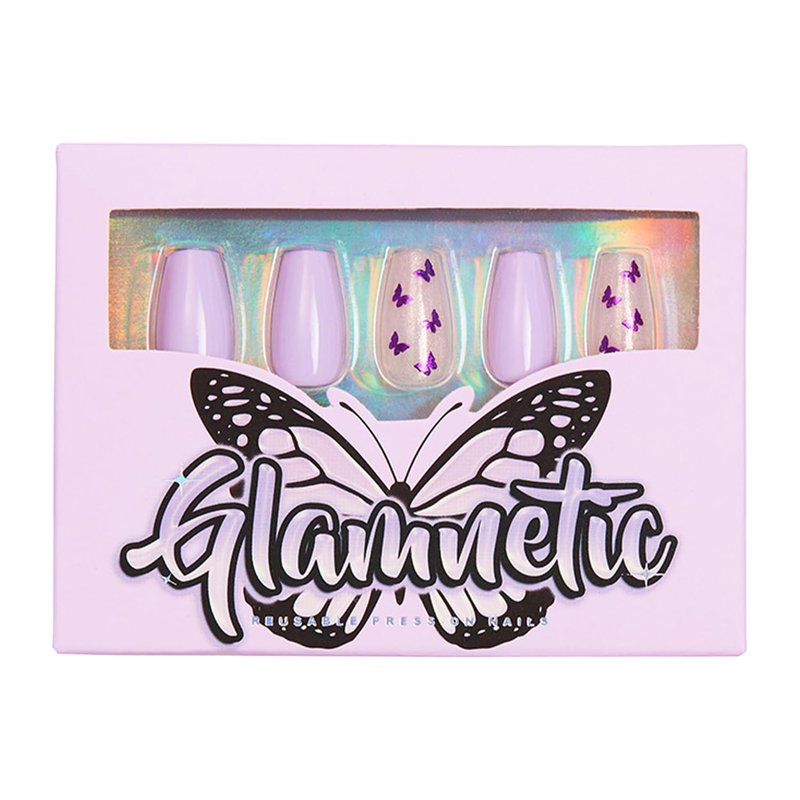 Glamnetic Glossy Short Coffin Nails with Salon UV Finish, Mariposa Reusable Opaque Press On Nails in 12 Sizes - 30 Nail Kit with Glue