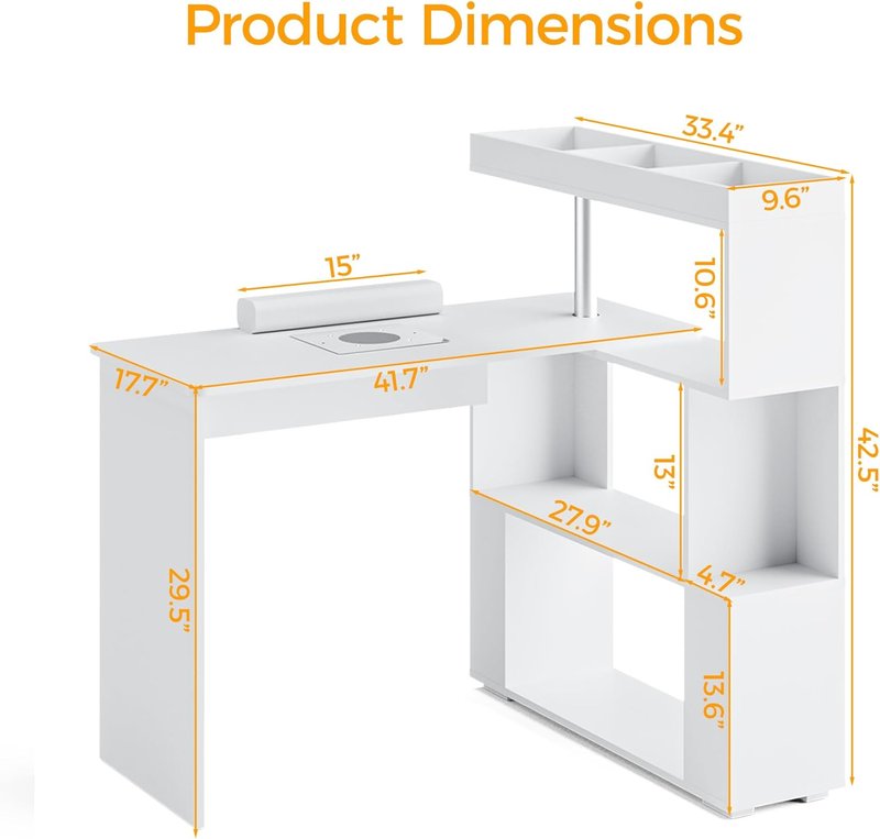 Skiennix Manicure Table - L-Shaped Nail Tech Desk with Dust Collector & Storage Shelf | Acetone Resistant, White