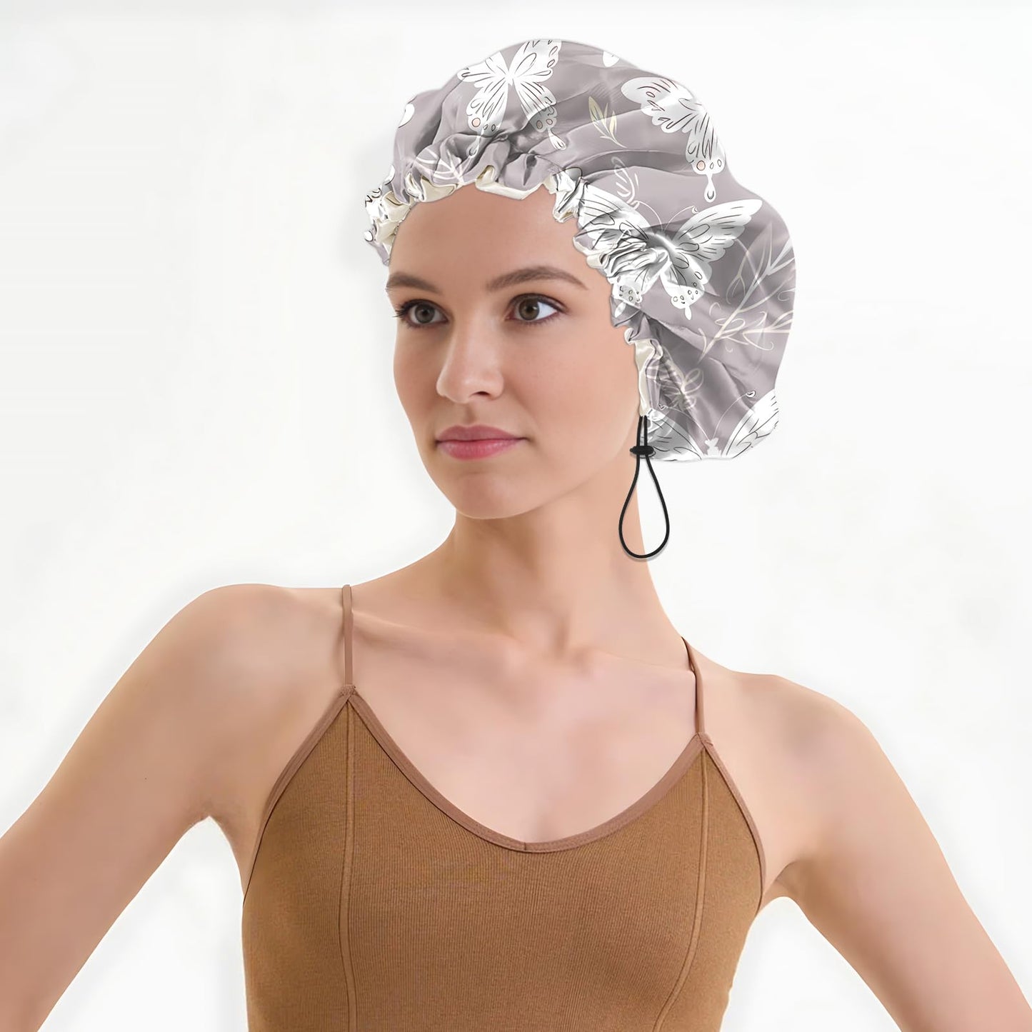 BHAHB Luxury Shower Cap Satin Lined Reusable Waterproof Double Layer Elastic Adjustable Hair Bath Cap Cute Aesthetic Women Girls-White Butterfly