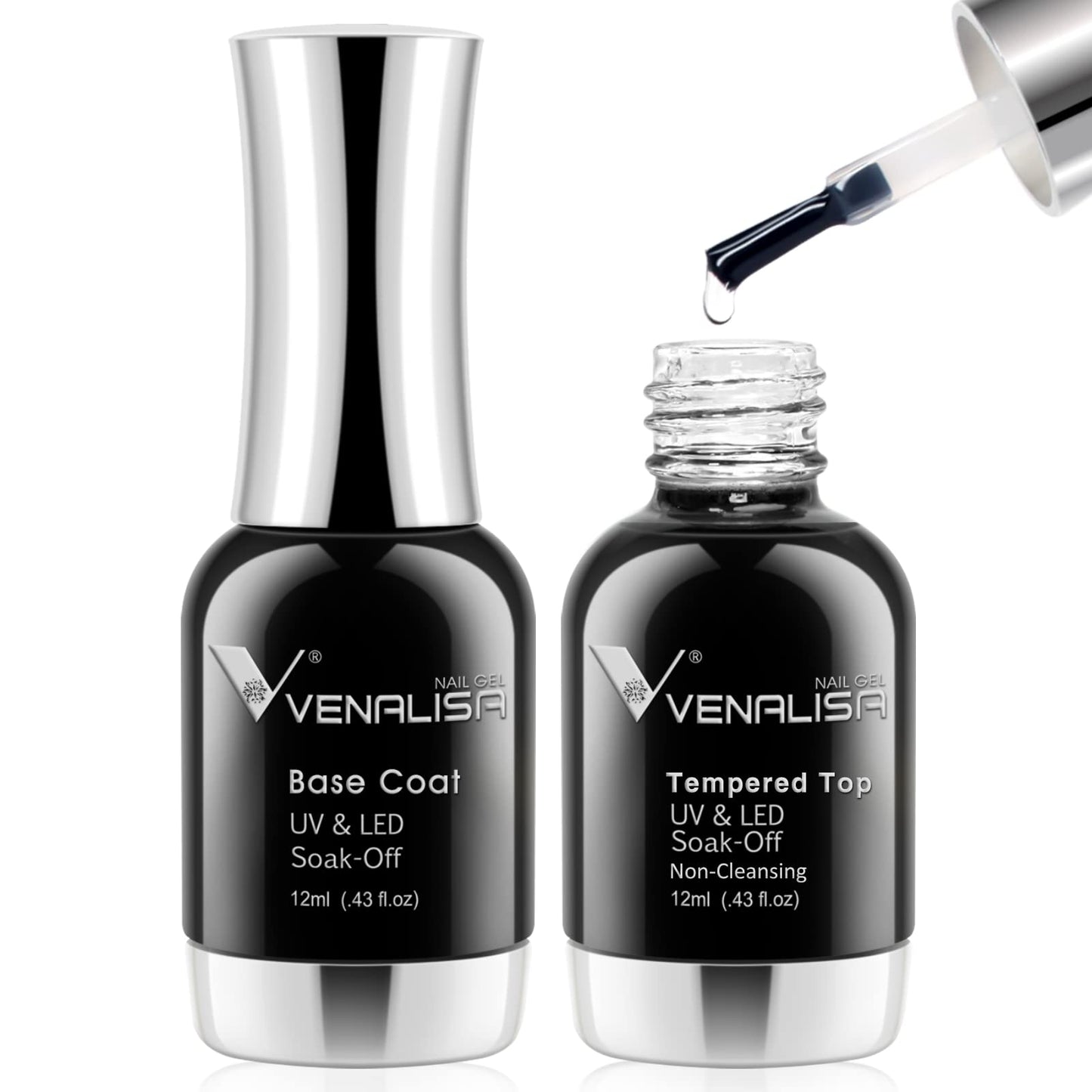 VENALISA 2 Pcs No Wipe Tempered Gel Top Coat and Base Coat Set Gel Nail Polish, Nail Gel Polish Nail Art Starter Manicure Salon DIY at Home