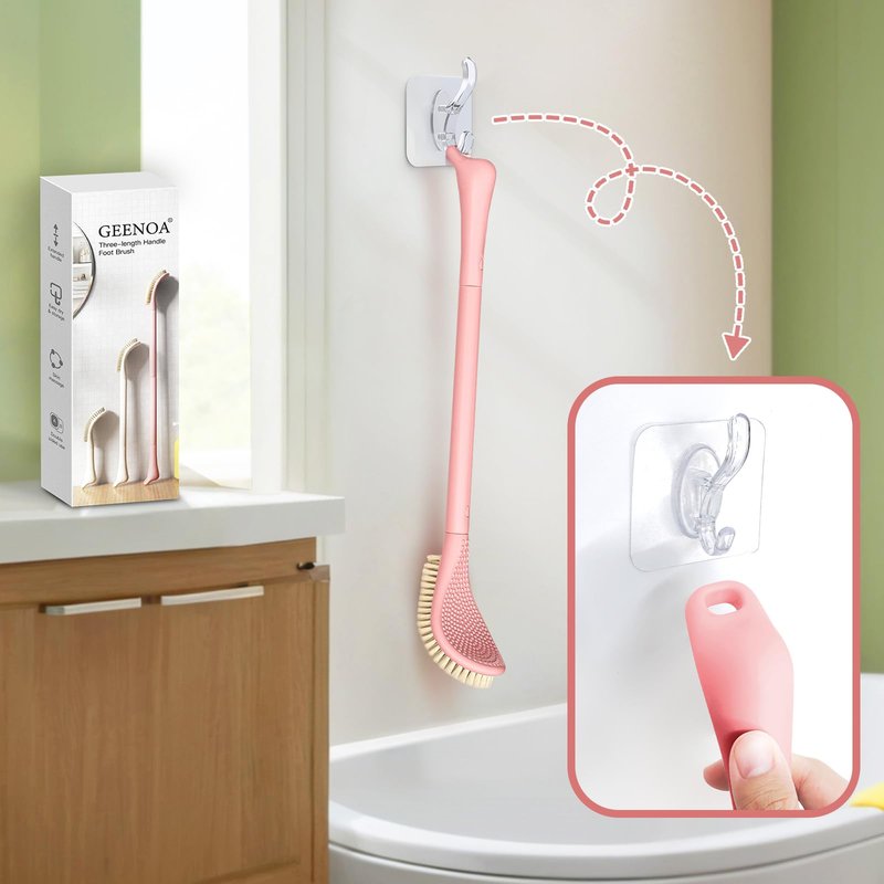 GEENOA New Foot Brush with Extra-Long Handle, 3-in-1 Foot Scrubber for Wet or Dry Brushing, Adjustable 10.2’’- 27.5’’Foot Scrub Brush for Senior, Pregnant, Disabled, or Injured, Gift-Box Packed(Pink)
