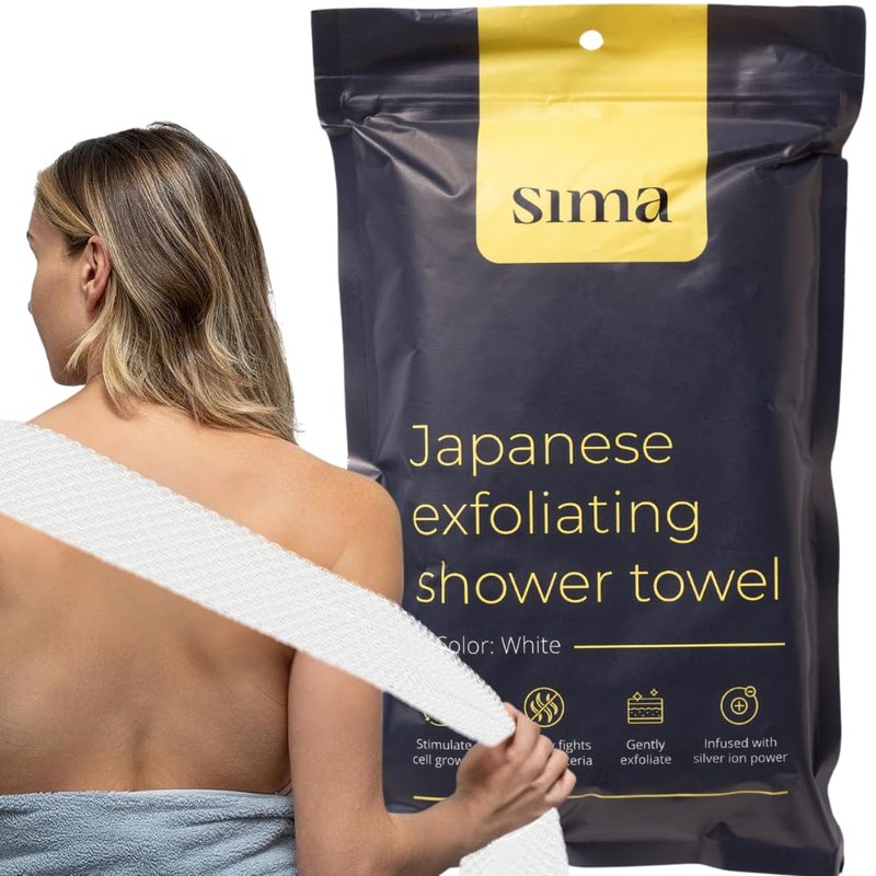 Sima Brand Exfoliating Washcloth Face & Body Scrub Towel - Japanese Exfoliating Towel with Hexagon Fibers, Body Scrubber with 2 Sides for Scrubbing & Washing, Extra Long Body Towels (White)