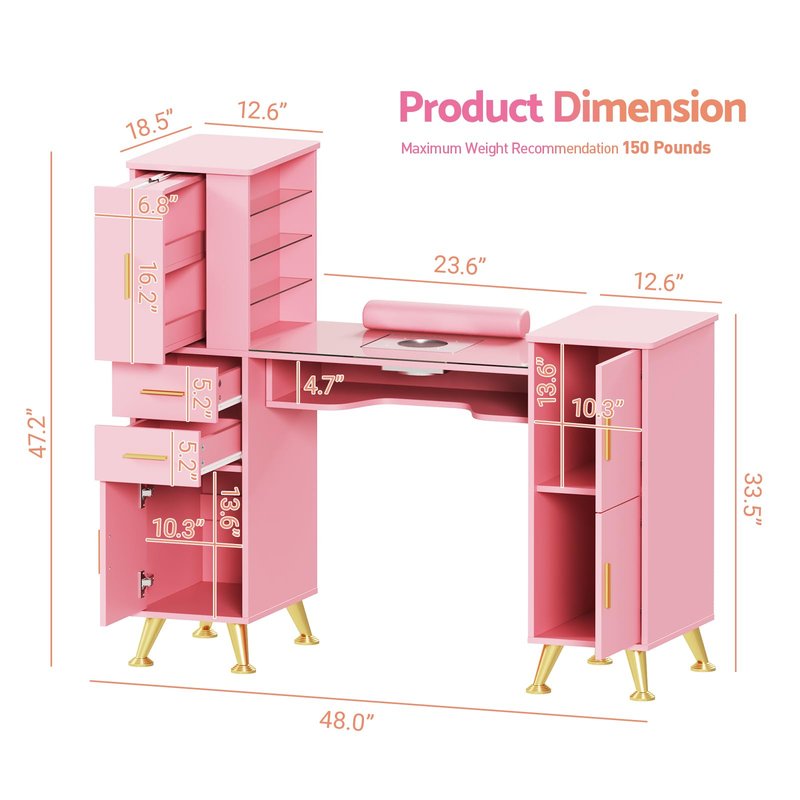 Kikihouse Manicure Table Nail Desk with Glass Top & Wrist Rest, Nail Station with Dust Collector & 4 Dust Bags, Beauty Salon Workstation with Storage Drawers & Cabinet (Pink)