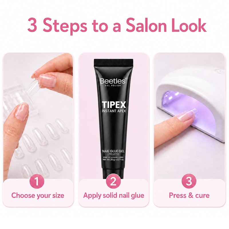 Beetles Tipex Lite Instant Apex Nail Tips, Medium Stiletto Gel Nail Tips, 16 Sizes 00-14, Built-in Apex for Natural Fit, Beginner-Friendly DIY Nail Extensions