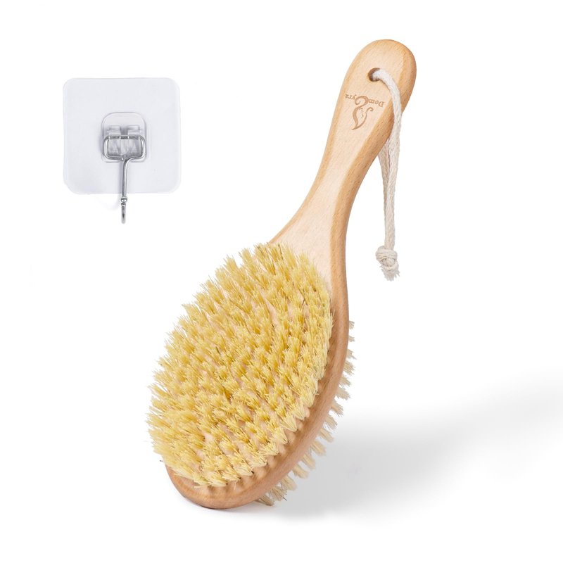 Short-Handle Dual-Sided Bath Massage Brush, Soft Boar & Firm Sisal Bristles, Portable (Natural Beech Wood)