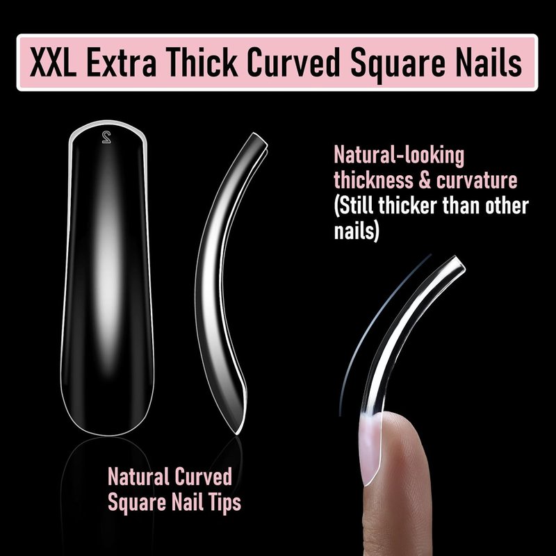 Skiennix Curved Square Nail Tips - Full Cover Clear XXL Acrylic Fake Nails | 240pcs in 12 Sizes