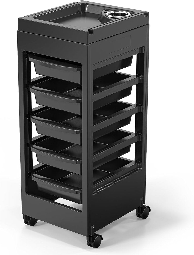 OmySalon Salon Cart for Hair Stylists - Black Rolling Organizer with 5 Drawers & Hair Dryer Holder | Beauty Spa Storage Solution