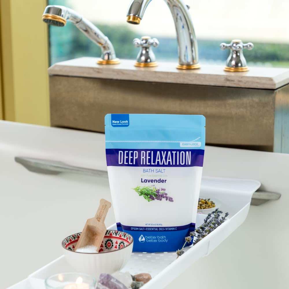 Deep Relaxation Bath Salt 128 Ounces Epsom Salt with Natural Lavender Essential Oil Plus Vitamin C in BPA Free Pouch